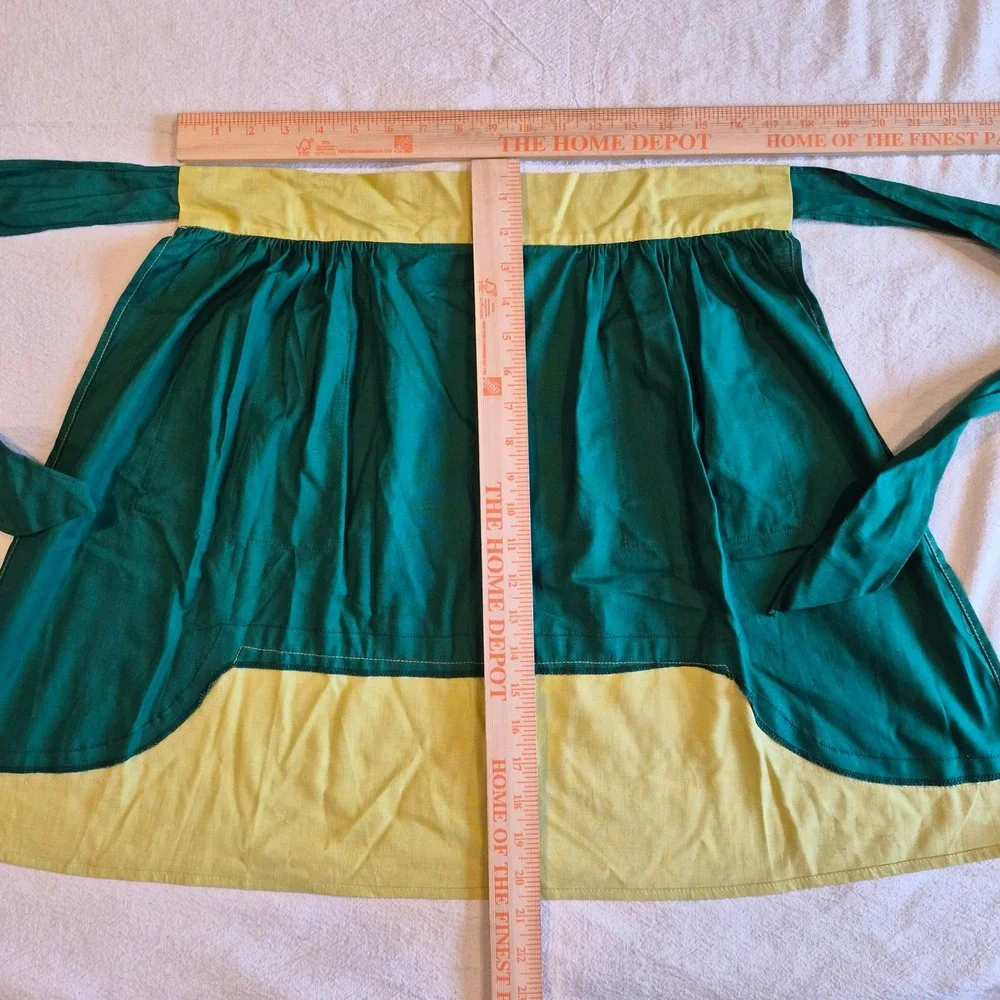 Vintage Half Apron Green Yellow Color Block Rickrack Trim Pockets Retro MCM